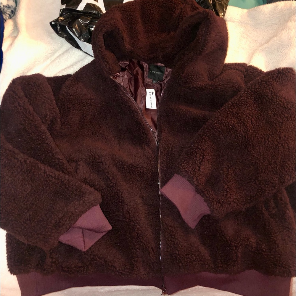 Sherpa Jacket with hood pockets zips satin fabric inside beautiful brown